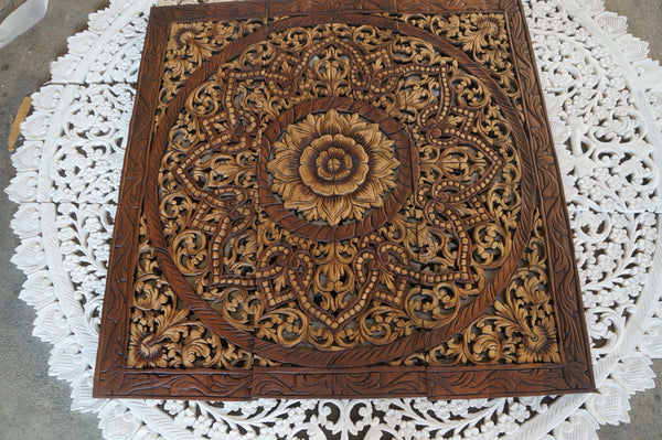 Teak Wood Mandala Wood Carving BrownWash 90 x 90 Cm Wall Art Hanging Wall Art Decor Mandala Bohemian Headboard