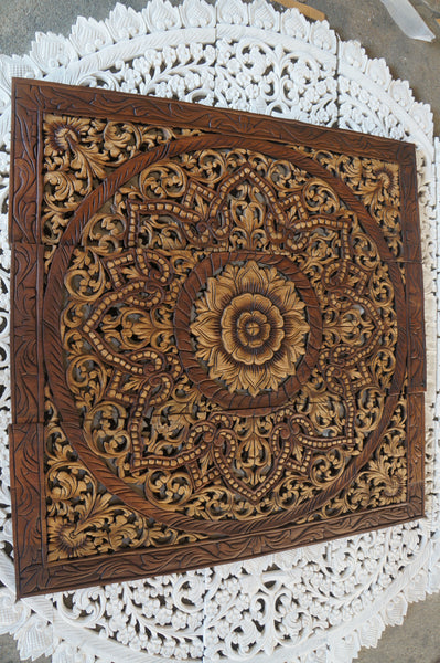 Teak Wood Mandala Wood Carving BrownWash 90 x 90 Cm Wall Art Hanging Wall Art Decor Mandala Bohemian Headboard