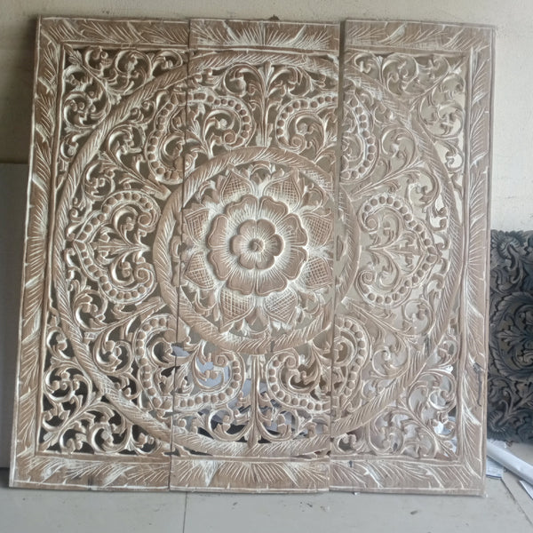 White Wash Lotus Wooden Carved Panel 90 x 90 Cm Square Wooden Carving Plaque Teak Wood Carve Headboard