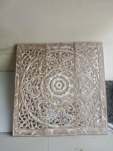 White Wash Lotus Wooden Carved Panel 90 x 90 Cm Square Wooden Carving Plaque Teak Wood Carve Headboard