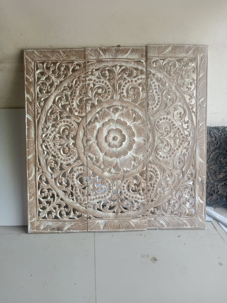 White Wash Lotus Wooden Carved Panel 90 x 90 Cm Square Wooden Carving Plaque Teak Wood Carve Headboard