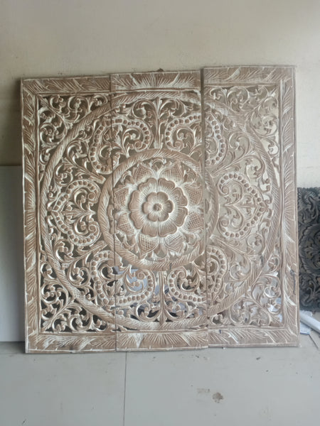 White Wash Lotus Wooden Carved Panel 90 x 90 Cm Square Wooden Carving Plaque Teak Wood Carve Headboard