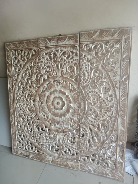 White Wash Lotus Wooden Carved Panel 90 x 90 Cm Square Wooden Carving Plaque Teak Wood Carve Headboard