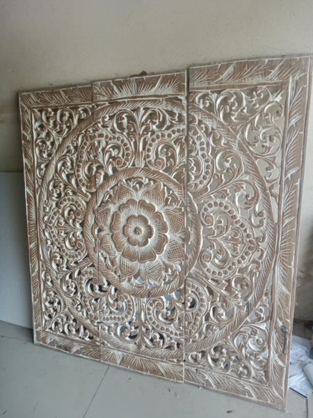 White Wash Lotus Wooden Carved Panel 90 x 90 Cm Square Wooden Carving Plaque Teak Wood Carve Headboard