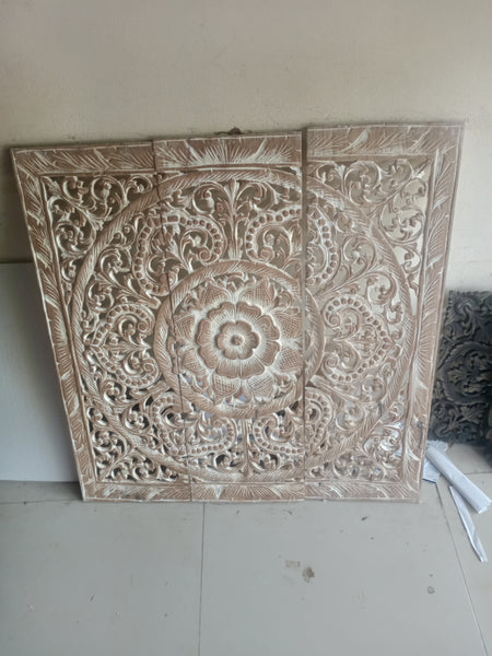 White Wash Lotus Wooden Carved Panel 90 x 90 Cm Square Wooden Carving Plaque Teak Wood Carve Headboard