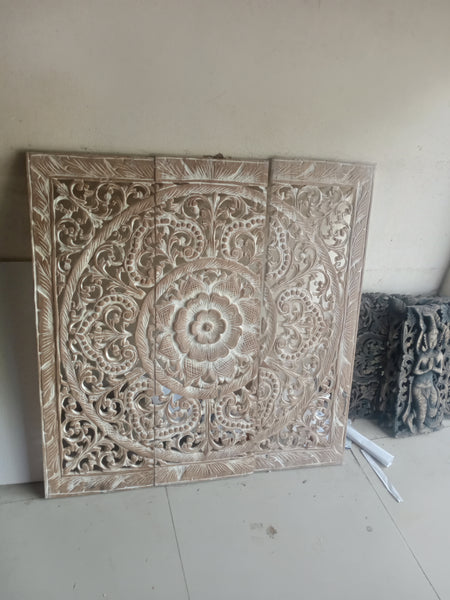 White Wash Lotus Wooden Carved Panel 90 x 90 Cm Square Wooden Carving Plaque Teak Wood Carve Headboard