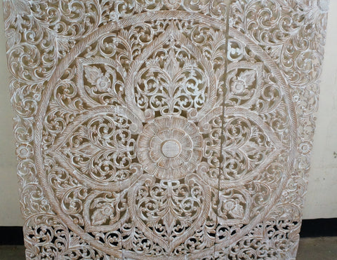 Balinese White Wash Mandala Headboard Queen Wood Carving Panel 150 x 150 Teak Wood Carved Square Panel Teak Wood Handmade