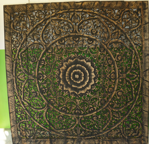 Black Wash Mandala Headboard King Panel 180 x 180 Cm Lotus Wooden Plaque Teak Wood Carving