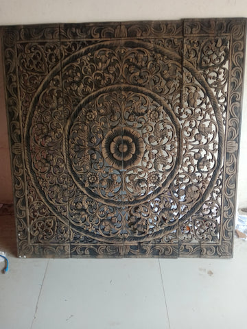 Black Wash Mandala Wood Carving Panel Mandala Headboard Wooden Lotus Plaque 120 x 120 cm