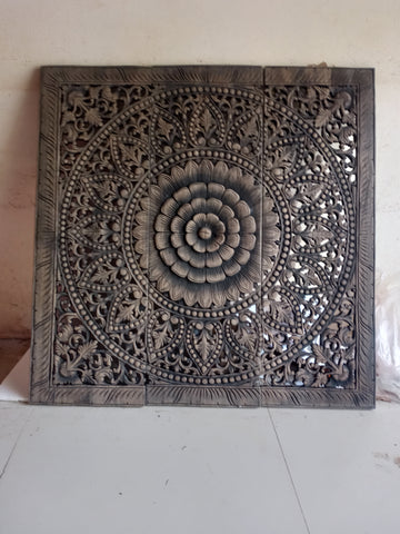 Black Wash Mandala Wood Carving Panel 90 x 90 cm Wall Art Hanging Square wooden Plaque Lotus Wood Carved Panel