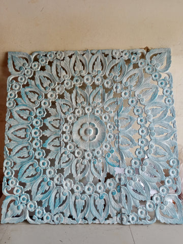 Blue Wash Mandala Wood Carving Panel 90 x 90 cm Wall Art Hanging Torque Color Square Panel