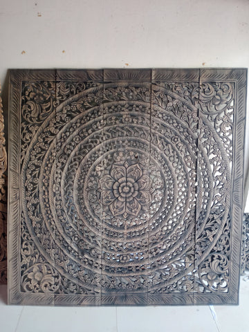 Black Wash Mandala Headboard Queen Lotus Wood Carving Panel 150 x 150 Cm Wall Art Hanging Teak Wood Panel