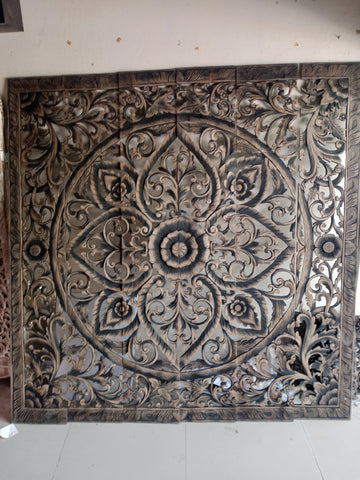 Black Wash Mandala Headboard King Wood Carving Panel 180 x 180 Cm Wall Art Decor