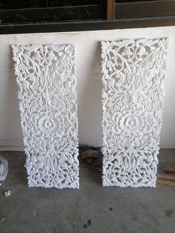 2 Pcs White Wood Carving Panel 14 x 36 inches Teak Wood Carved Panel Teak Wood Carved Panel