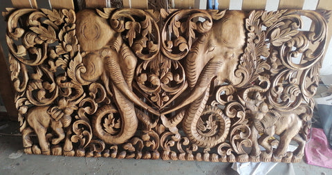 Elephant Headed Wood Carved Panel 60 x 120 Cm Extra Thickness Teak Wood Carved Panel Wall Art Hanging Twin Headboard