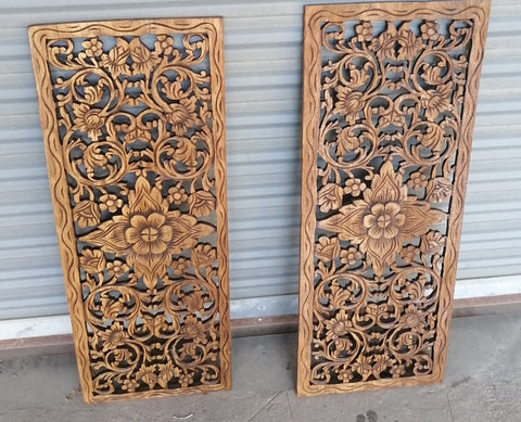 2 Pcs Natural Color Wood Carving Panel 14 x 36 inches Teak Wood Carved Panel Teak Wood Carved Panel