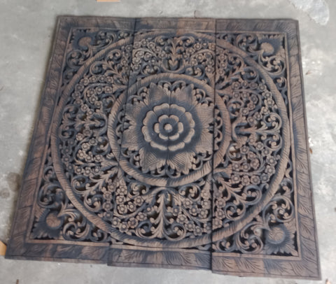 Black Wash Color Lotus Wooden Carved Panel 90 x 90 Cm Square Wooden Carving Plaque Teak Wood Carve Thai Art