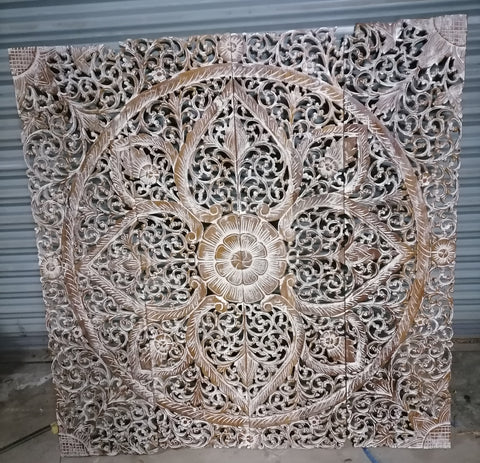 Black Wash Mandala Wood Carving Panel Mandala Headboard Wooden Lotus Plaque 120 x 120 cm Square Wood Carve